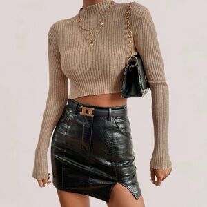 SHEIN Tan Mock-Neck Rib-Knit Sweater Size Small